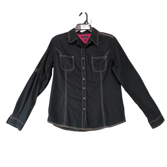 Tommy Hilfiger Black Contrast Stitching Button Up Shirt Women's L Y2K Streetwear - Picture 1 of 10